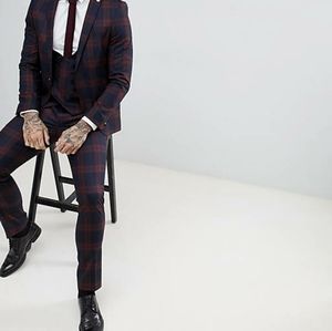 ASOS Navy and Burgundy Check Plaid Super Skinny Fit Pants